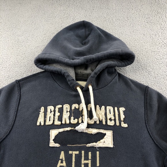 VTG Abercrombie & Fitch Hoodie Mens L Gray Y2K Puff Embroidered Heavy Distressed - Picture 2 of 16